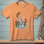 Mermaid with clipboard showing "DECLINED" next to a crab on a pier.