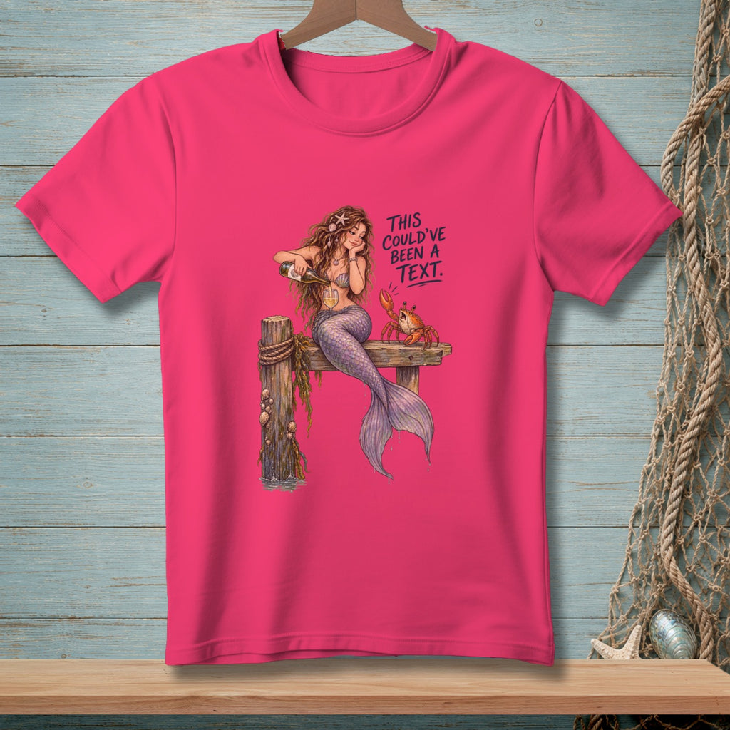 Mermaid pouring wine with a crab on a pier, text says "This could've been a text."