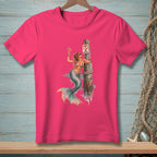 Pink t-shirt with a mermaid holding a cocktail next to a "No Drinking" sign.