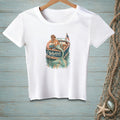 White t-shirt with mermaid on a boat graphic, reading "Whatever Floats Your Boat."