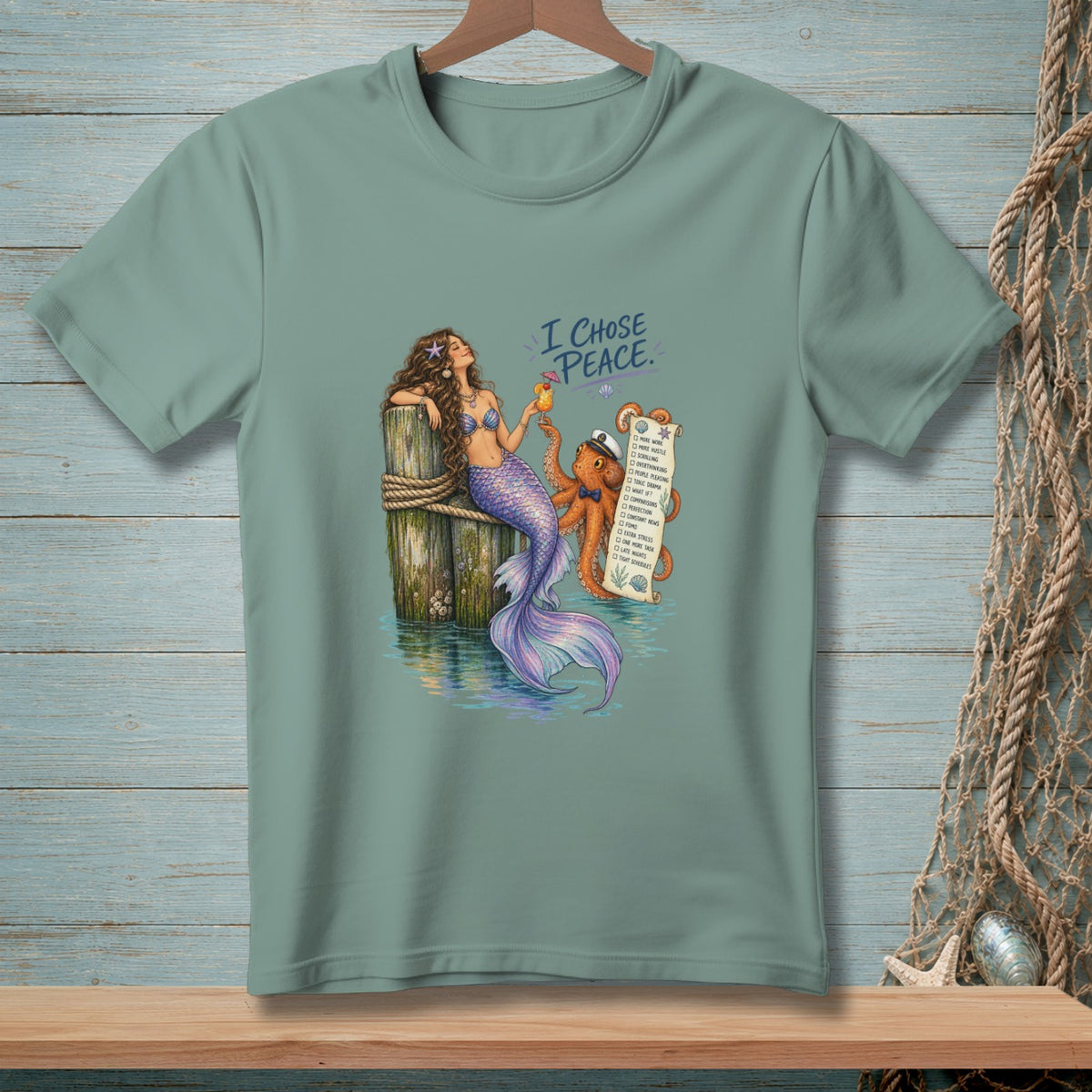 Mermaid and octopus with "I chose peace" text and checklist.