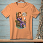 Mermaid with purple tail sitting on dock with a seagull and sign reading "Thoughts and Prayers".