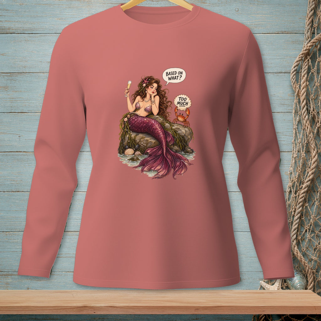 Mermaid holding champagne, with crab and text bubbles on long-sleeve shirt.