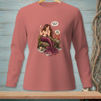 Mermaid holding champagne, with crab and text bubbles on long-sleeve shirt.