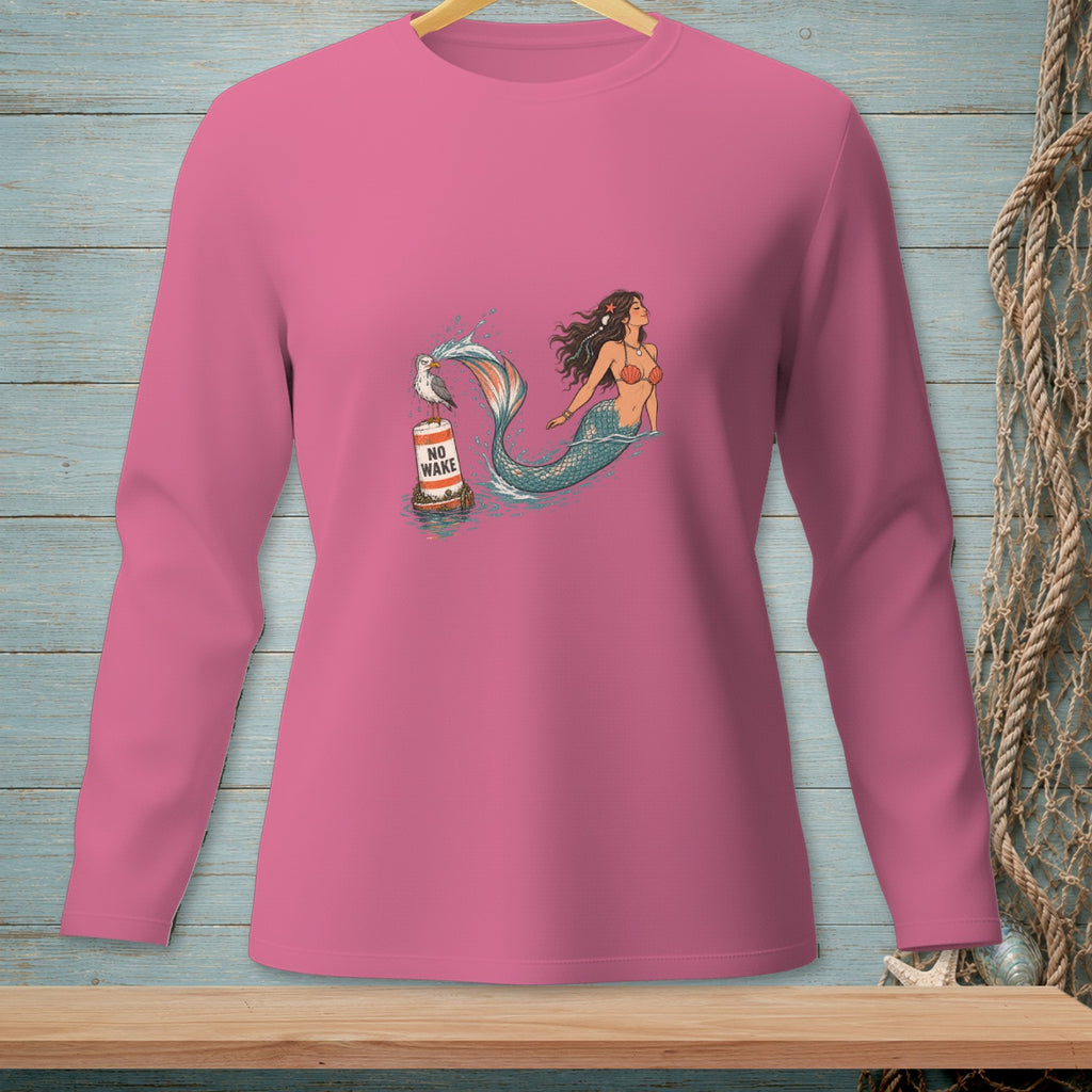 Pink long-sleeve shirt with a mermaid graphic and a "NO WAKE" buoy.