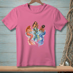Three mermaids with colorful tails relax in the water, one holding drinks.