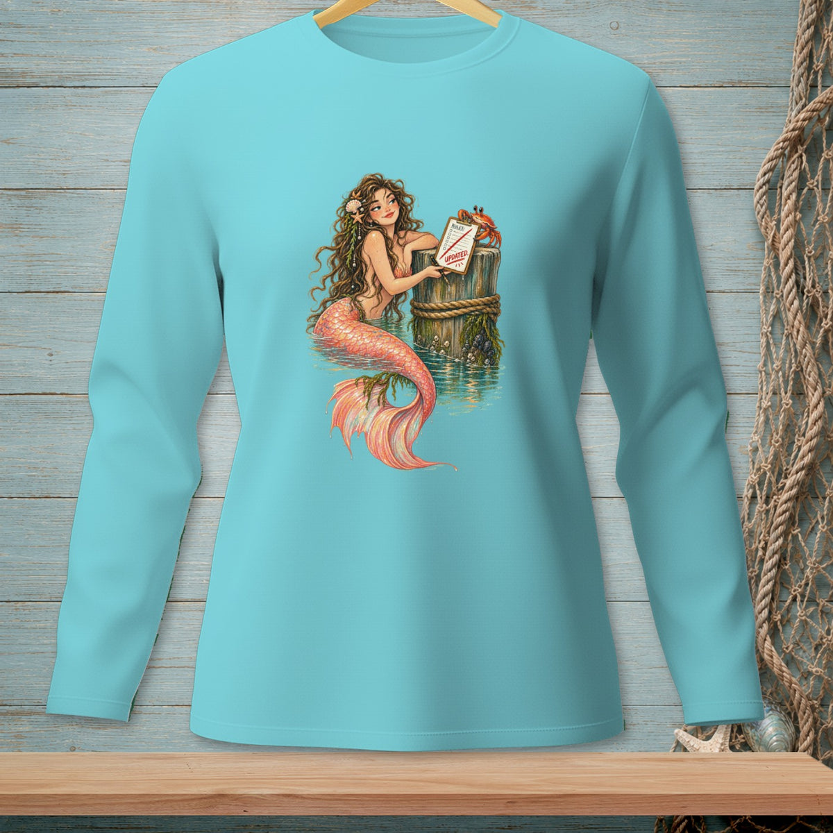 Mermaid with coral tail leaning on post with crab and "Rules Updated" sign.