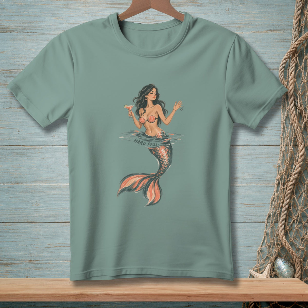 T-shirt with mermaid holding a cocktail and "HARD PASS" text.