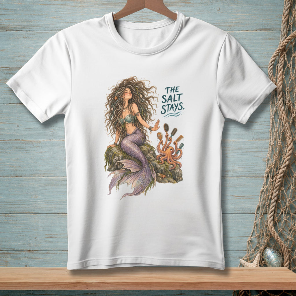 White t-shirt featuring a mermaid and octopus with the text "The Salt Stays."