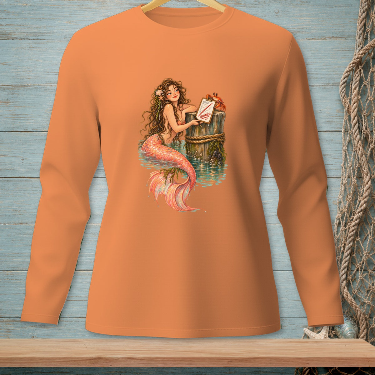 Mermaid by a dock with a crab and an updated "Rules!" sign.
