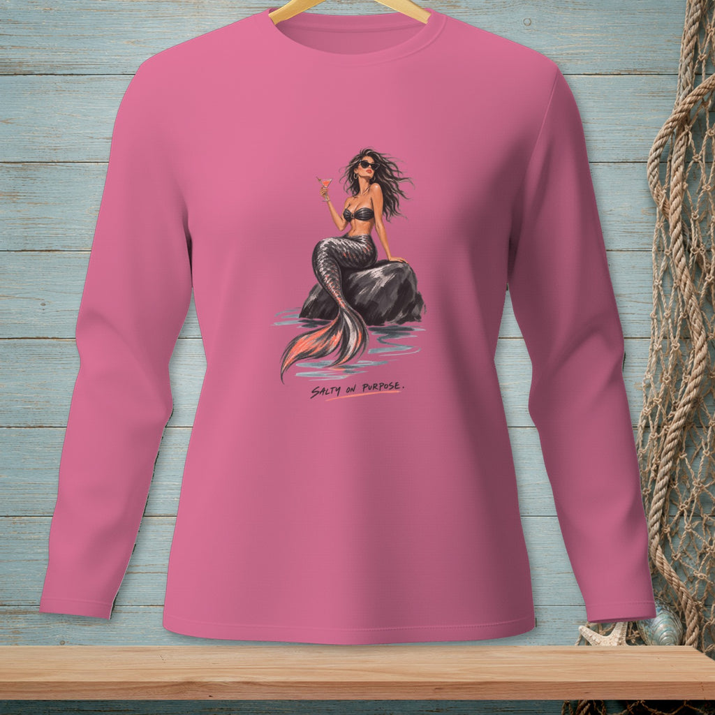 Pink long-sleeve shirt with a mermaid holding a drink and text "SALTY ON PURPOSE."