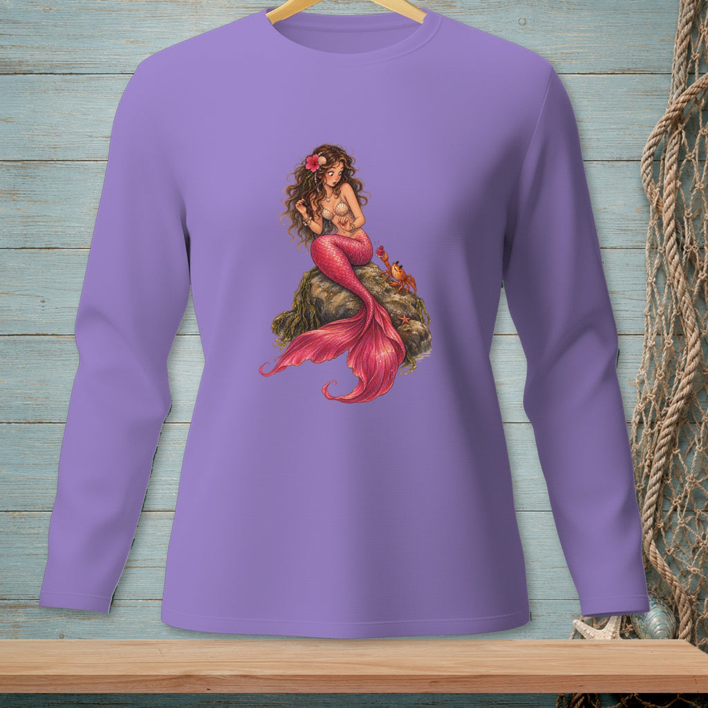Long-sleeved purple shirt with a mermaid and crab illustration.