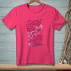 Pink t-shirt with mermaid graphic and text "Sassy by Nature, Salty by Choice".