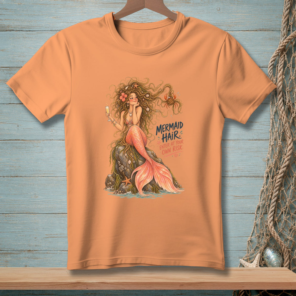 T-shirt with mermaid graphic and text "MERMAID HAIR ENTER AT YOUR OWN RISK."