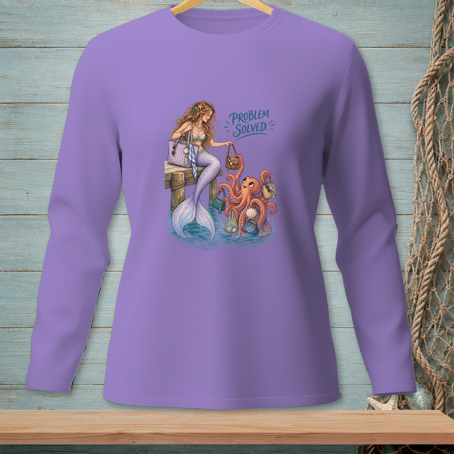 Mermaid and octopus with shopping bags and "PROBLEM SOLVED" text.