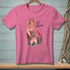 Pink t-shirt with mermaid, lobster, and text "DON'T GET COMFORTABLE."
