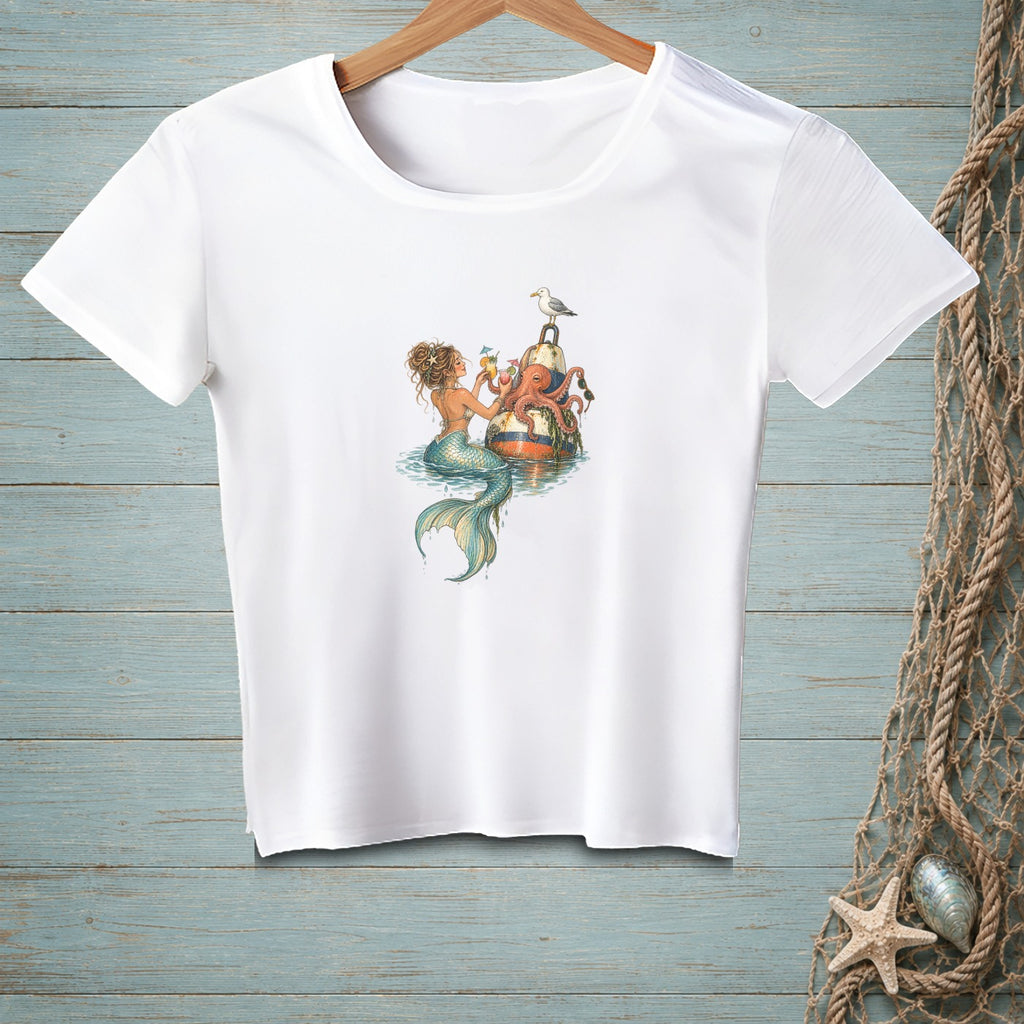 White t-shirt with a mermaid, octopus, seagull, and drinks on a buoy graphic.