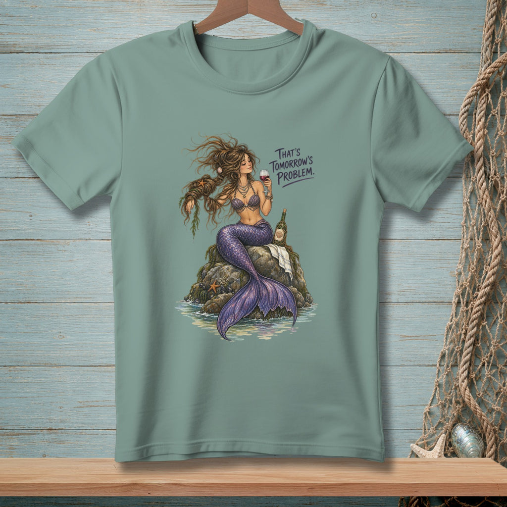 Mermaid with wine glass and bottle, text "That's Tomorrow's Problem."