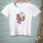 White t-shirt with a mermaid and octopus, "Let's Focus on What Matters" text.