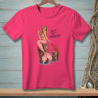 Mermaid and lobster graphic with text "DON'T GET COMFORTABLE." on a pink t-shirt.
