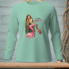 Mermaid and crab illustration with "I SAID IMPRESS ME." text on a teal shirt.
