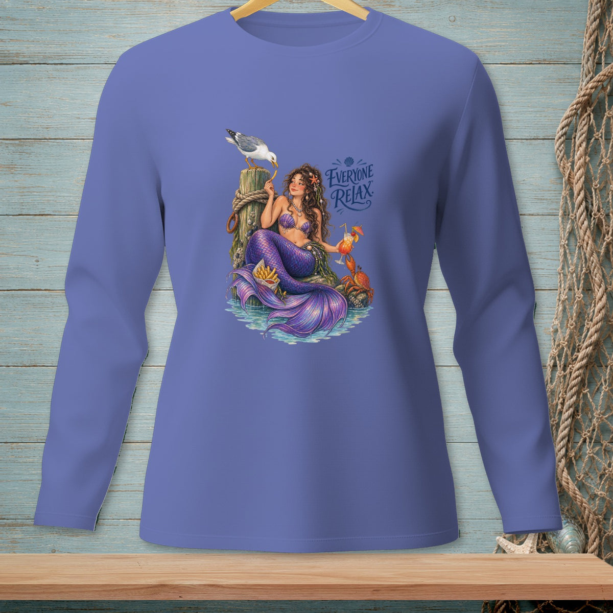 Mermaid with drinks, crab, and seagull on a pier, "Everyone Relax" text.
