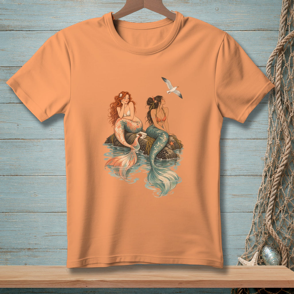 Two mermaids sit on rocks by the water, with a seagull flying overhead.