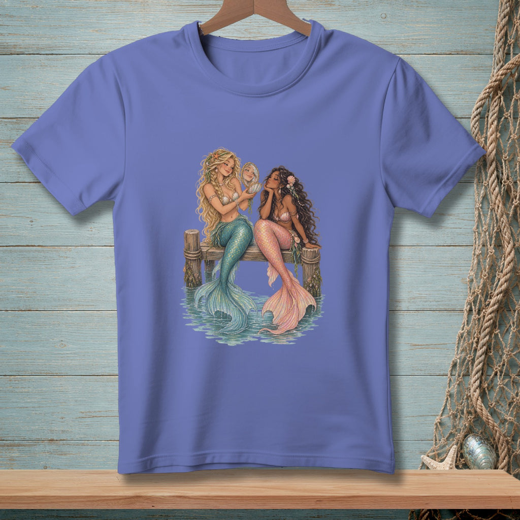 Two mermaids sitting on a dock, one with blonde hair, the other with dark hair.