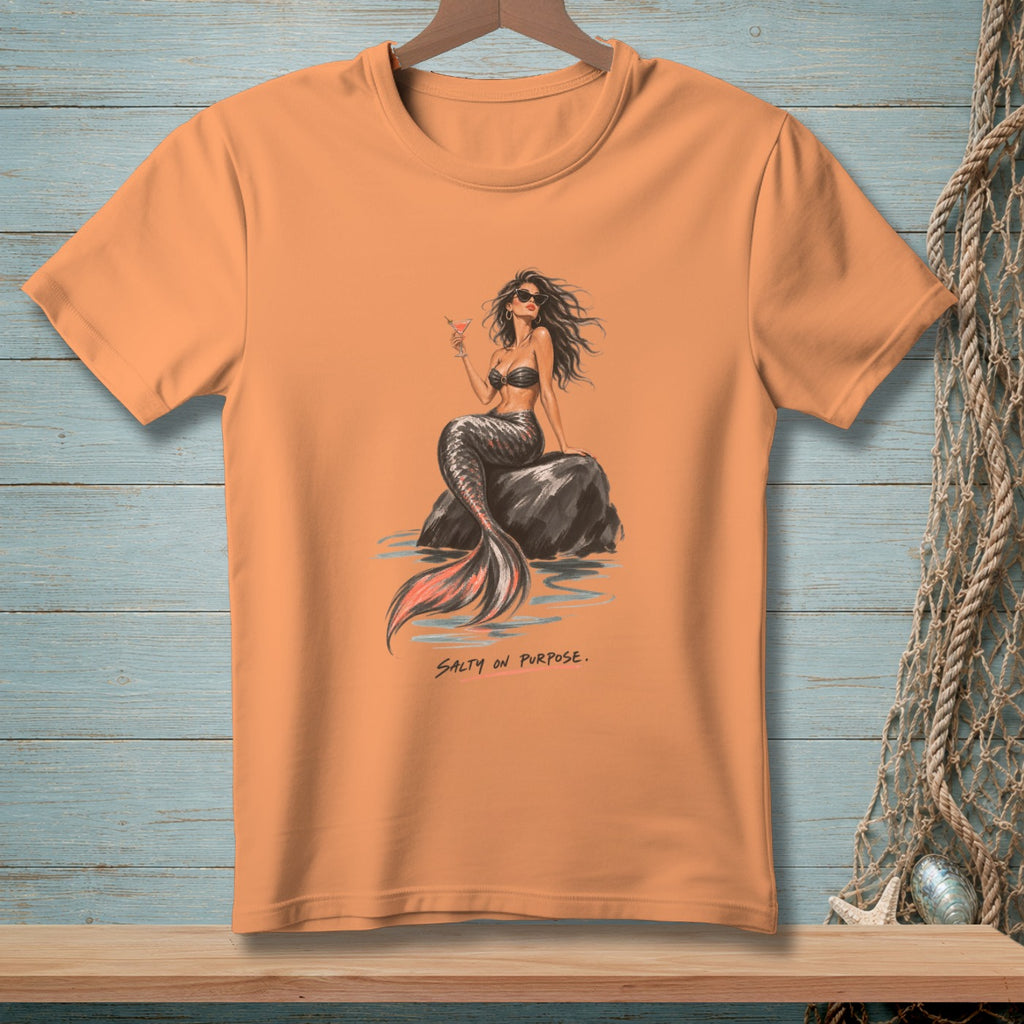 Peach t-shirt with a mermaid illustration and "Salty on Purpose" text.
