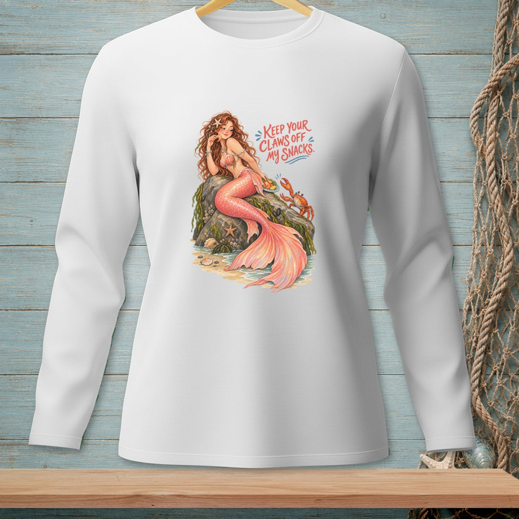 Mermaid on a rock with crabs and text "Keep your claws off my snacks."