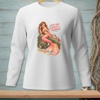 Mermaid on a rock with crabs and text "Keep your claws off my snacks."