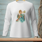 White long-sleeve shirt with a graphic of a mermaid and crab on a pier.