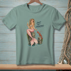 Mermaid on a post with champagne and lobster, text "Don't Get Comfortable."
