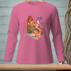 Pink long-sleeve shirt with mermaid and seagull graphic that says "That was a lot of words."