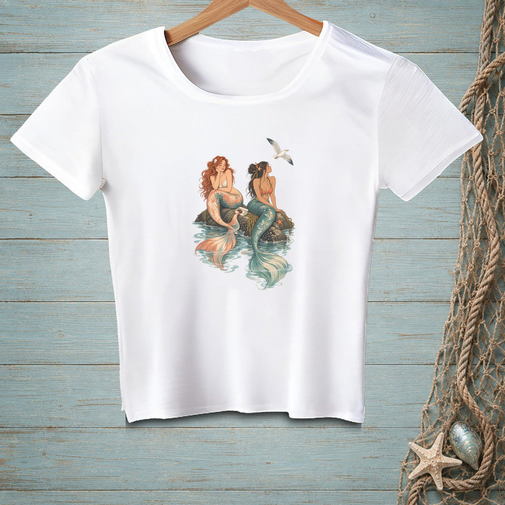White t-shirt with graphic of two mermaids on rocks with a seagull overhead.