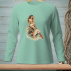 Mint long-sleeve shirt with a mermaid holding a drink and a lobster beside her.