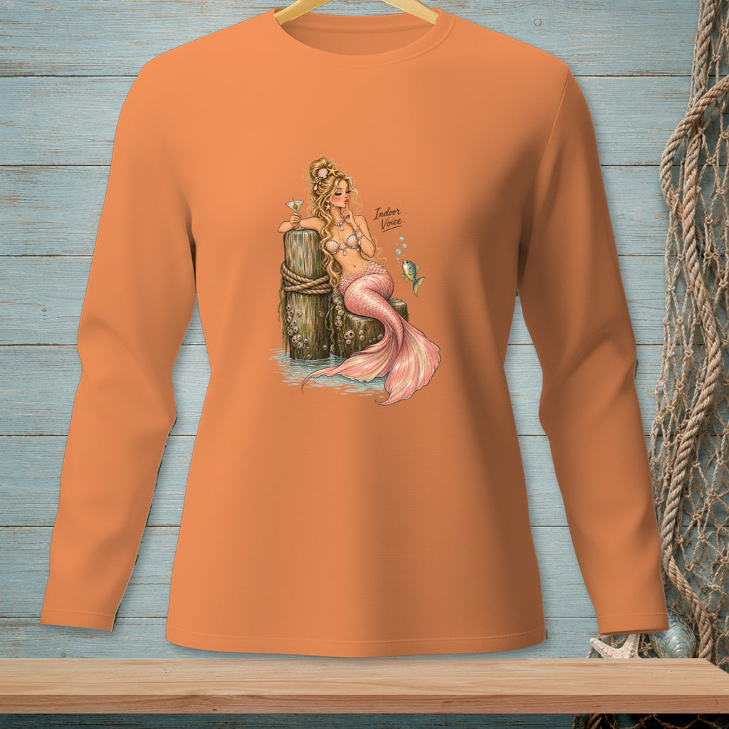 Long sleeve orange shirt with a mermaid graphic and the text "Indoor Voice."