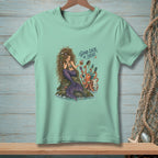 T-shirt with mermaid and octopus grooming illustration and text "Good Luck In There".