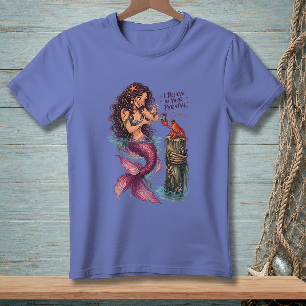 Mermaid with lobster giving a gift with "I believe in your potential" text.