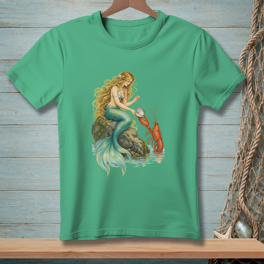 Mermaid holding pearl from oyster with lobster in water.