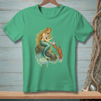 Mermaid holding pearl from oyster with lobster in water.