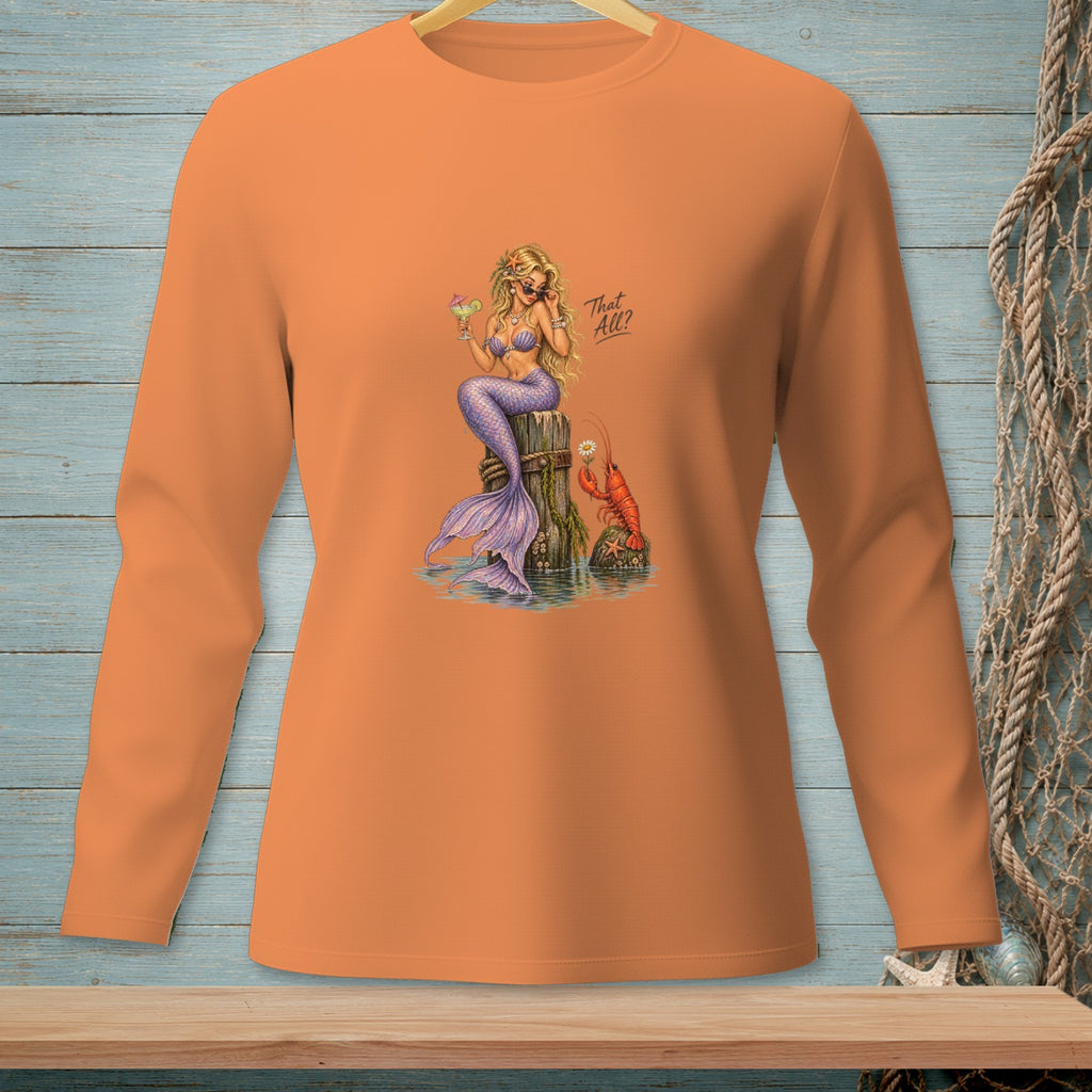 Long-sleeve orange shirt with mermaid and lobster graphic, text reads "That All?"
