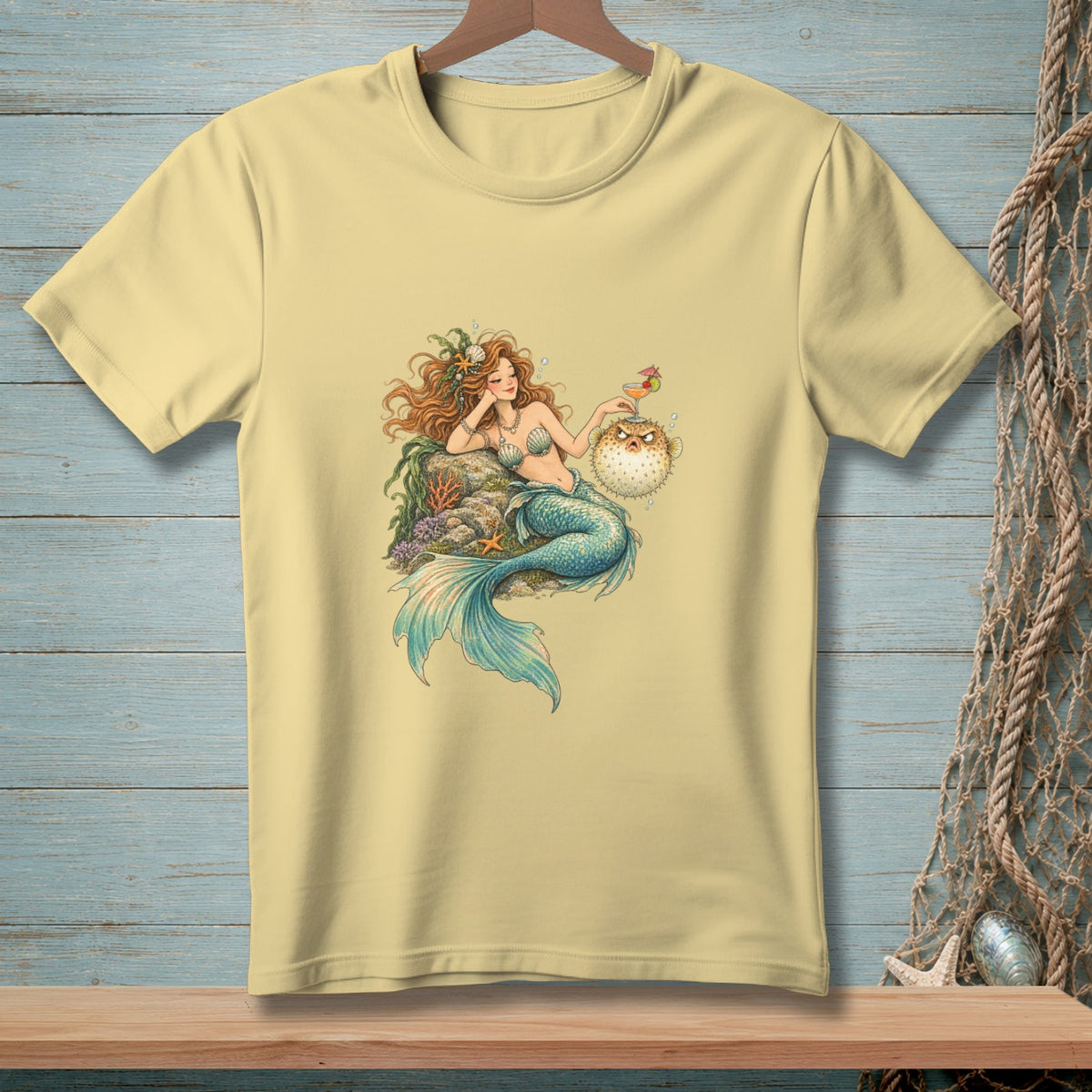 Yellow t-shirt with a drawing of a mermaid and a pufferfish.