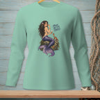 Mint green long-sleeve shirt with a mermaid, crab, starfish, and text.