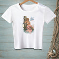 White t-shirt with a mermaid design and text "I'M LITERALLY CHILLED".