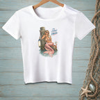 White t-shirt with a mermaid design and text "I'M LITERALLY CHILLED".