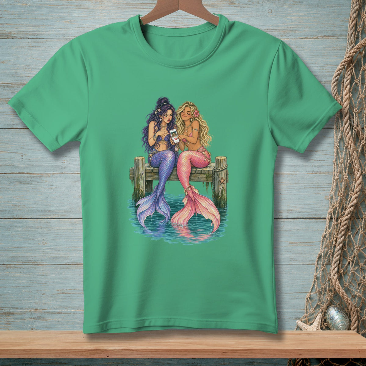 Two mermaids with colorful tails sit on a wooden dock looking at a smartphone.