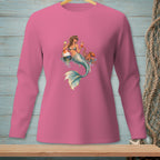 Mermaid with drinks and octopus on a pink long-sleeve shirt.