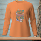 Orange long sleeve shirt with "Sorry I'm on Mermaid Time" text and mermaid tail graphic.
