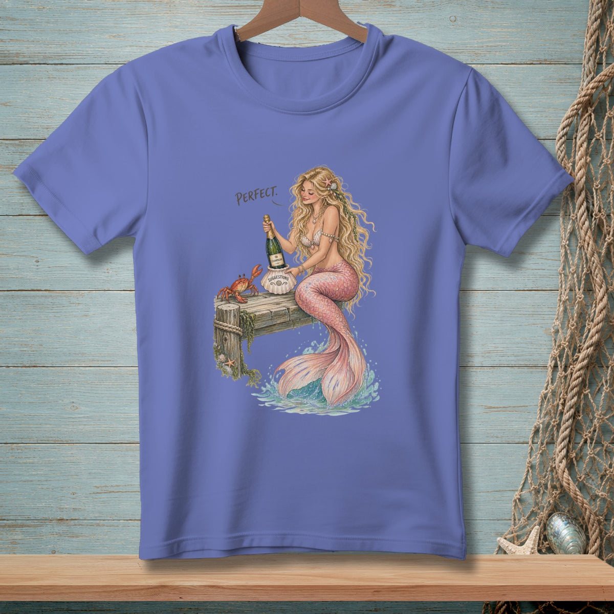 Mermaid with champagne and crab on a dock, saying "PERFECT."